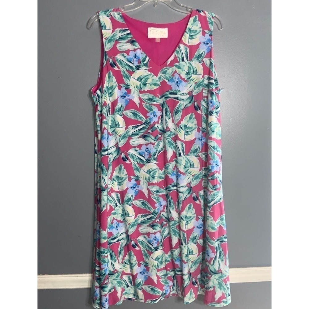 Pappagallo Sleeveless Plus Size Pink & Blue Tropical Floral V Neck Dress 1X - Picture 2 of 9